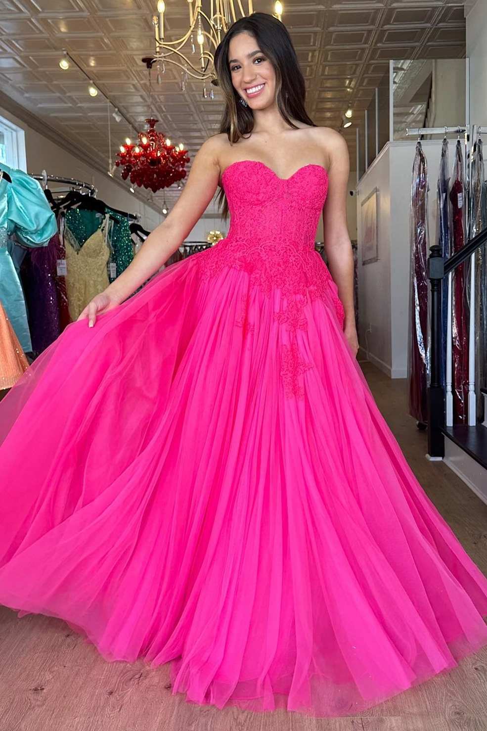 Roycebridal Amora |A-Line Hot Pink Tulle Lace StraplessLong Prom Dress