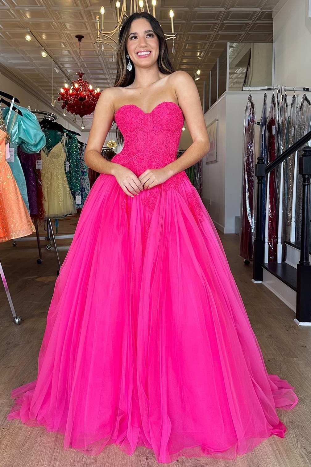 Roycebridal Amora |A-Line Hot Pink Tulle Lace StraplessLong Prom Dress