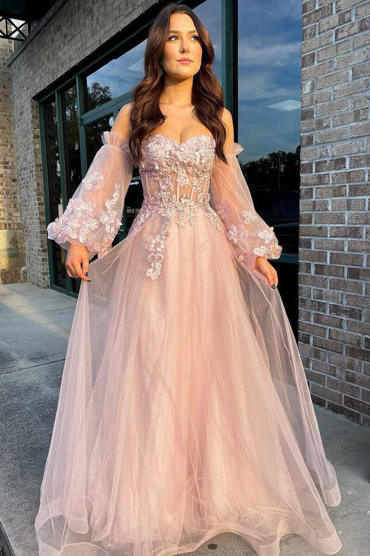 Roycebridal Pink Tulle Strapless A-Line Prom Dress with Balloon Sleeves