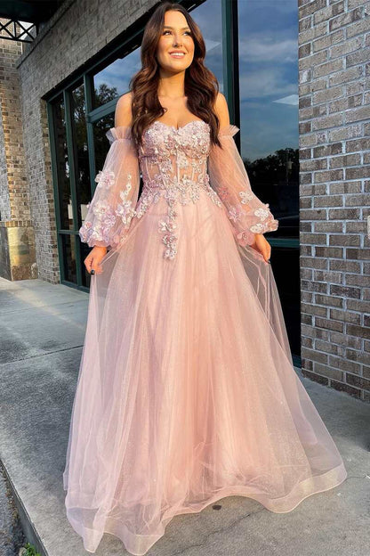 Roycebridal Pink Tulle Strapless A-Line Prom Dress with Balloon Sleeves