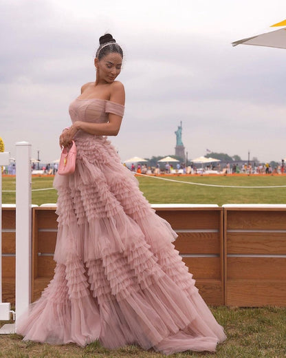 Roycebridal Zariah | Blush Princess A line Off Shoulder Ruffled Tulle Prom Dress