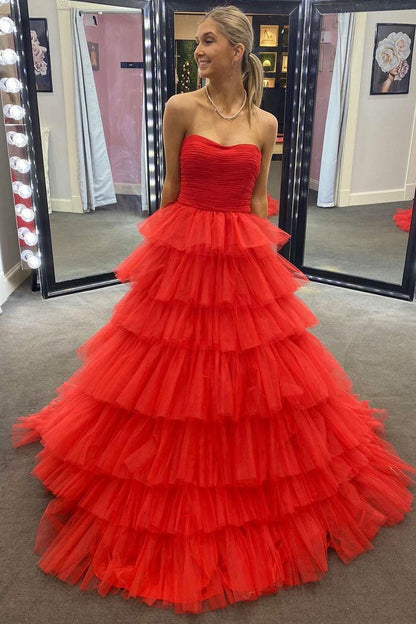 Roycebridal Daleyza |A-Line Strapless Tiered Tulle Prom Dress with Ruffles