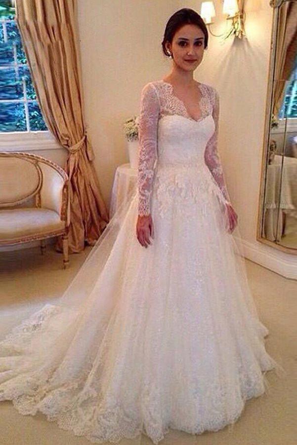 Fabulous A-line V-neck Long Sleeves Court Train Wedding Dresses With Appliques, MW107