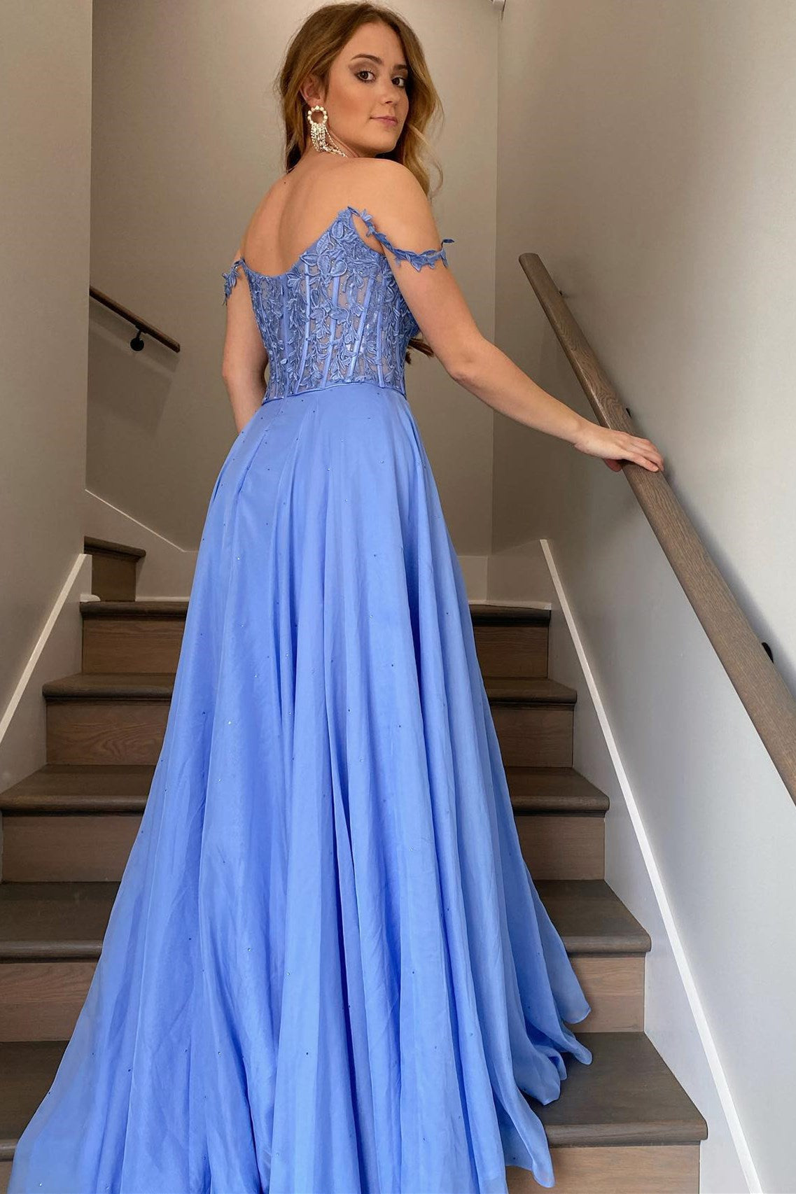 Periwinkle Off-the-Shoulder A-line Princess Prom Gown