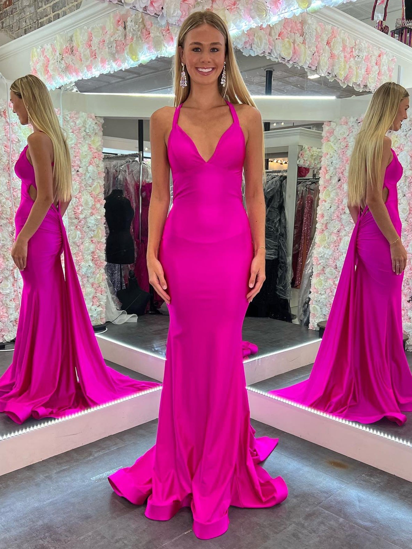 Roycebridal Angela |Mermaid Pink V Neck Backless Satin Long Prom Dress