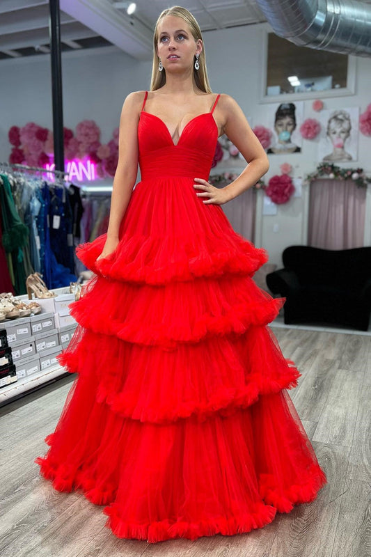 Roycebridal Skye |A-line V-Neck Tulle Prom Dress with Tiered Ruffles