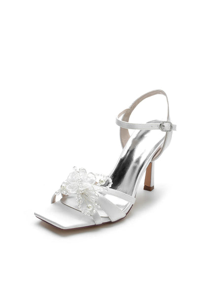 Square Toe Floral Beaded Ankle Strap High Heels