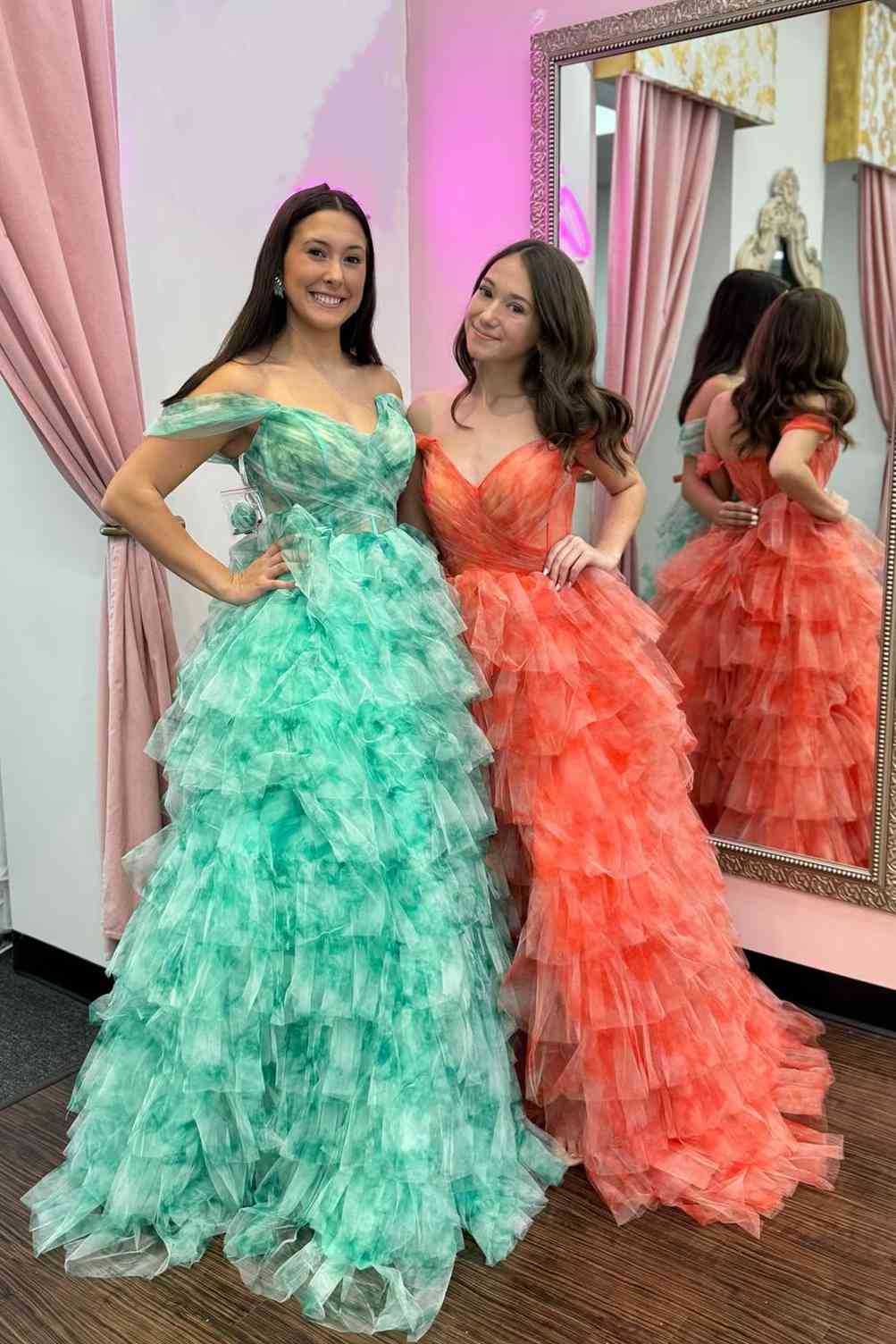 Roycebridal Bettie | Off the Shoulder Coral Print Tiered Long Prom Dress