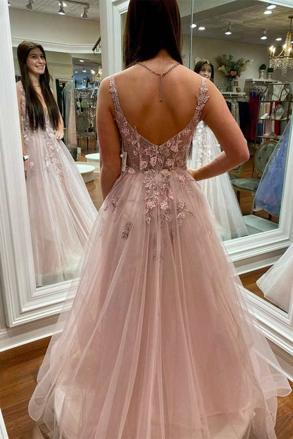 Artemis | Floral Lace Plunge V Backless A-Line Prom Gown