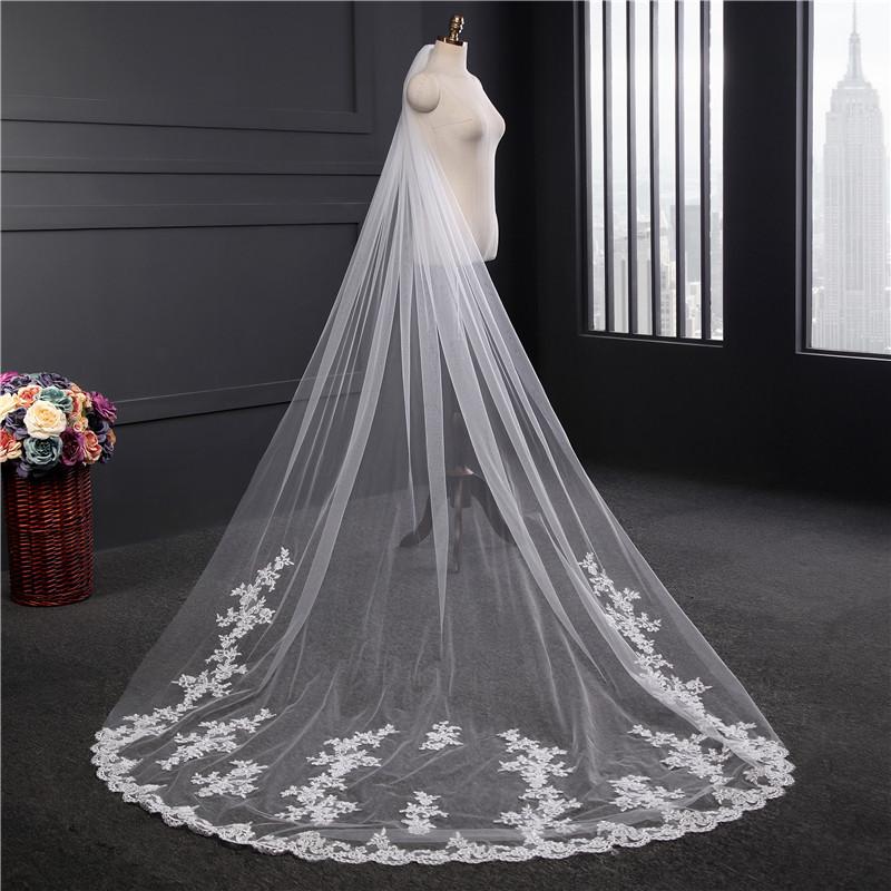 Roycebridal Vintage Long Wedding Veil with Flower Appliques