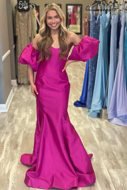 Roycebridal Magenta Satin Strapless Trumpet Long Prom Dress