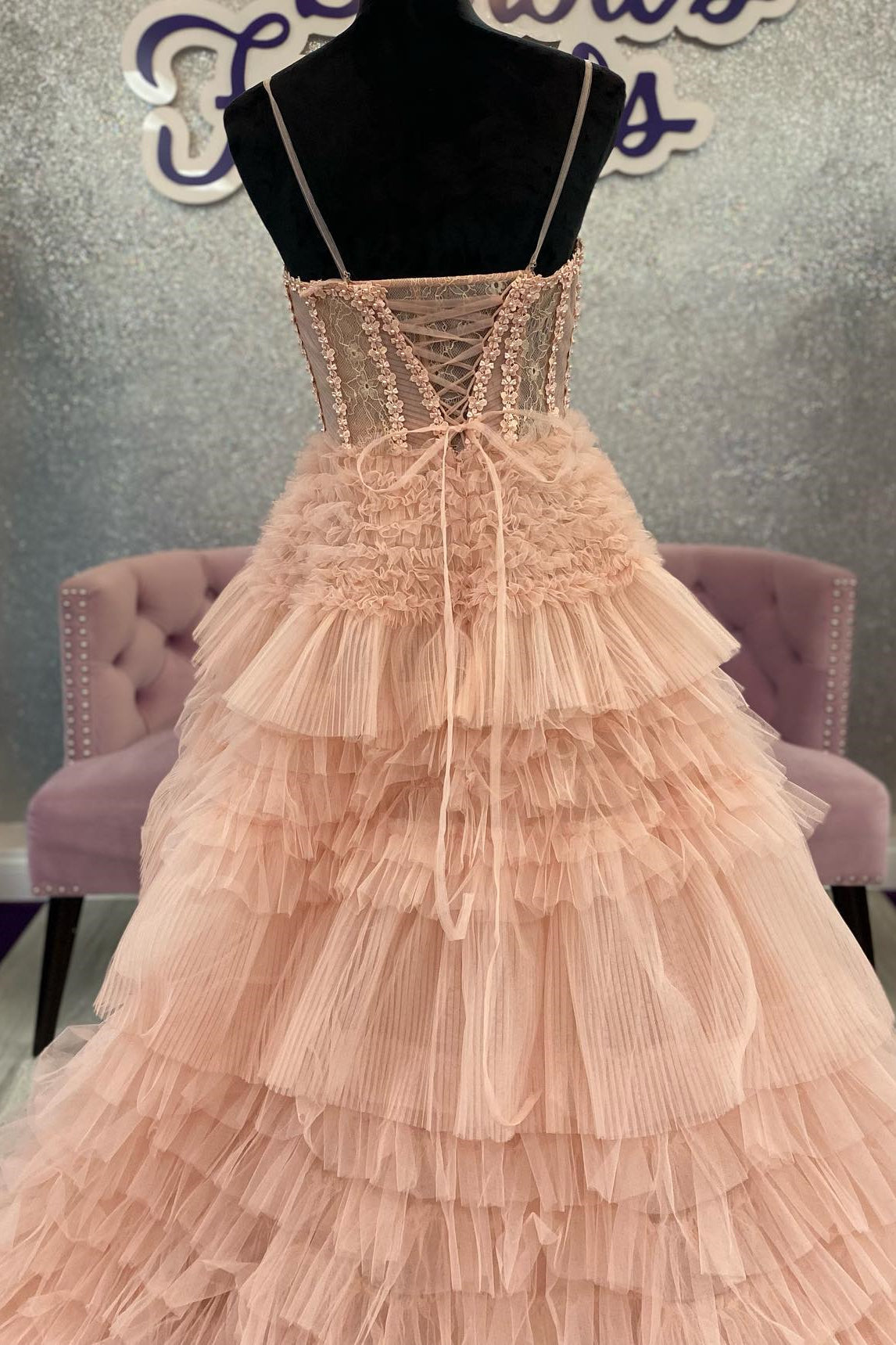 Roycebridal Averi | Blushing Pink Tulle Ruffle Layers Lace-Up Back A-Line Prom Dress