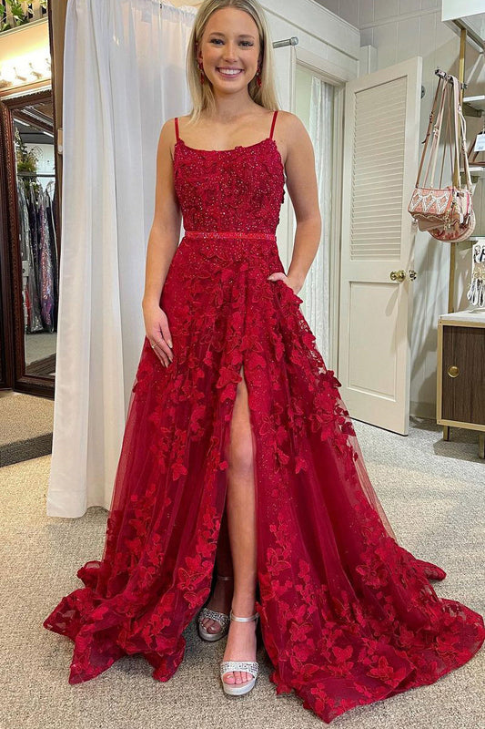 Roycebridal Shana | Cute A Line Scoop Neck Red Lace Prom Dresses with Beading