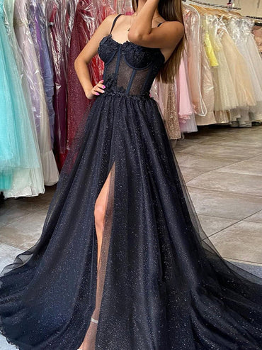 Roycebridal Keily |A-line Spaghetti Straps Glitter Tulle Prom Dress