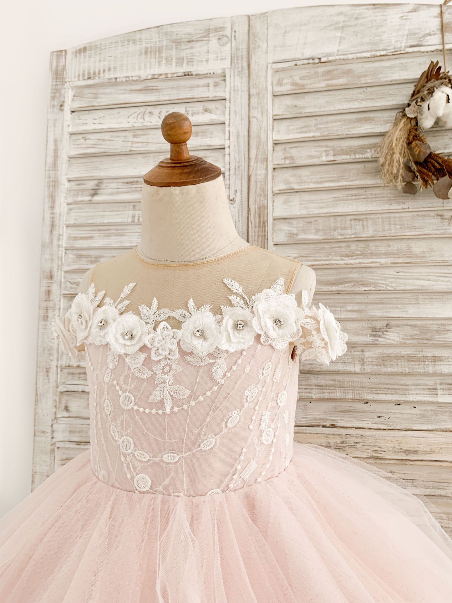 Ruffle Cold Shoulder Pink Tulle Floor Length Wedding Party Flower Girl Dress