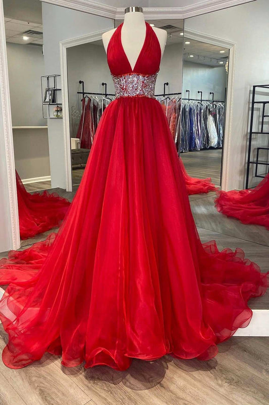 Red Beaded Halter Backless A-Line Long Prom Gown