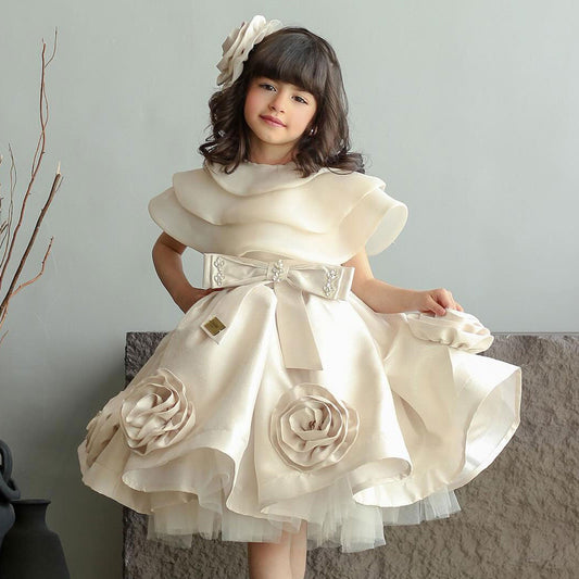 Roycebridal Elegant Beige Girl Dresses Handmade Flowers with Headgear for Kids Wedding Birthday Holiday Party Gown 2025 J104