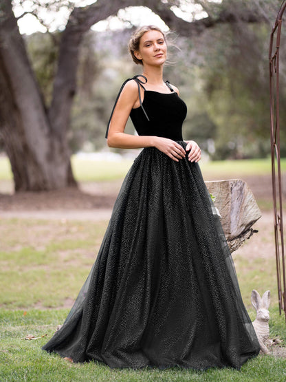 Roycebridal Spagatti Straps Velvet Tulle Floor Length Prom Dress