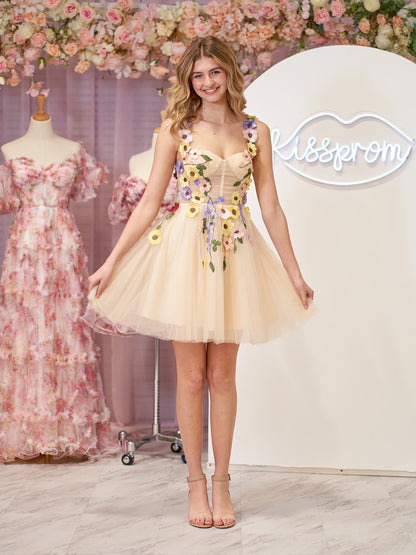 Quinta |A line Tulle Homecoming Dress with 3D Flowers