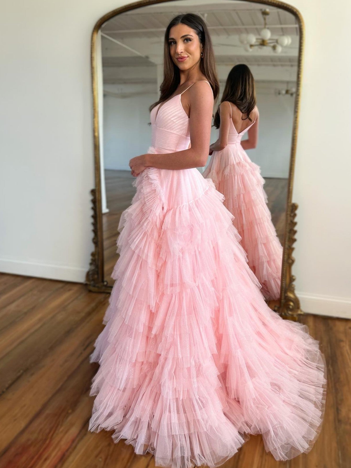 Roycebridal Alianna | Light Pink A-Line Tiered Spaghetti Straps Tulle Prom Dress