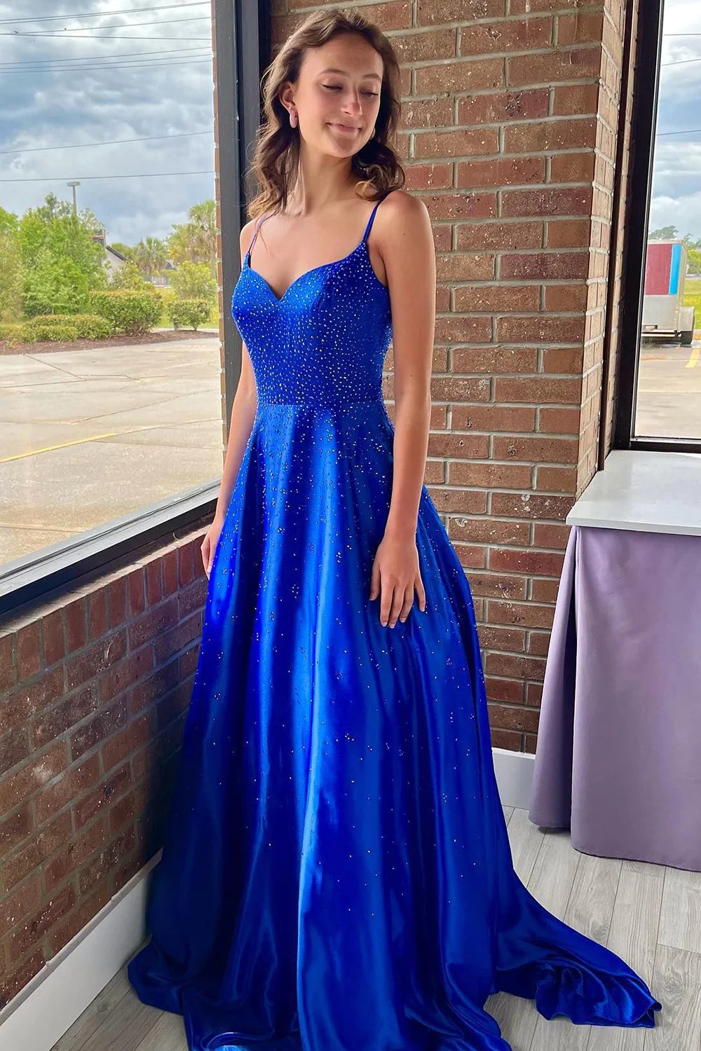 Roycebridal Athena | A-Line Spaghetti Straps Royal Blue Long Prom Dress with Beading