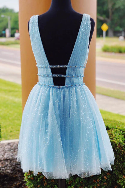 Roycebridal Sparkly Beading Sky Blue Short Prom Dresses Sequins Homecoming Dresses