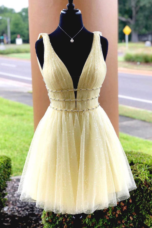 Roycebridal Yellow Sparkly Beading Short Prom Dresses Sequins Homecoming Dresses