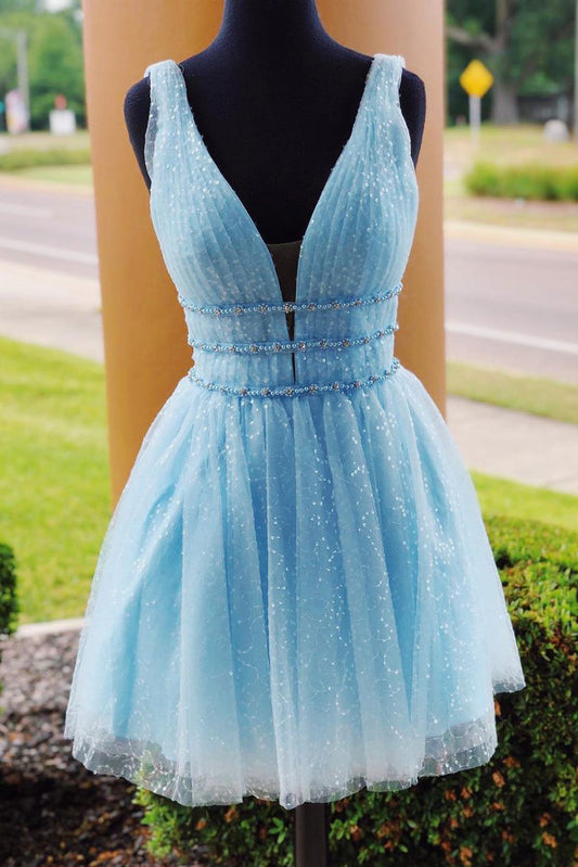 Roycebridal Sparkly Beading Sky Blue Short Prom Dresses Sequins Homecoming Dresses