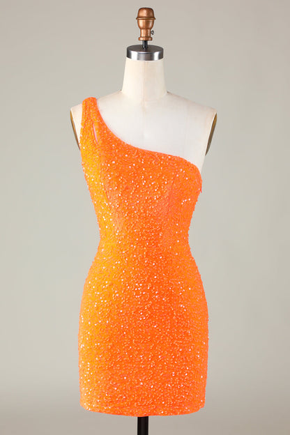 Sequins One-Shoulder Orange Tight Beading Short Homecoming Dress