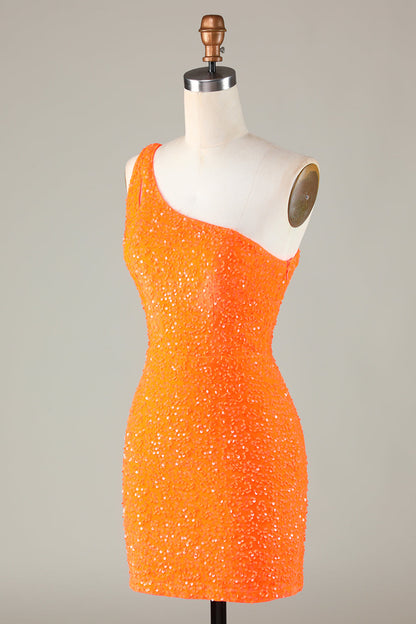 Sequins One-Shoulder Orange Tight Beading Short Homecoming Dress