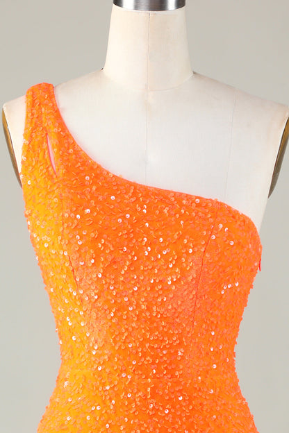 Sequins One-Shoulder Orange Tight Beading Short Homecoming Dress