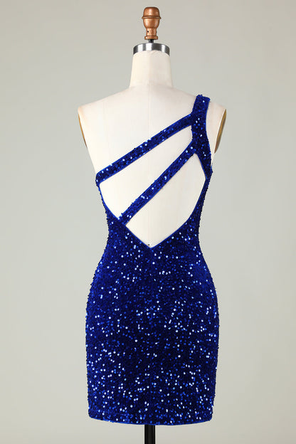 Royal Blue One Shoulder Sequins Tight Beading Short Homecoming Dress