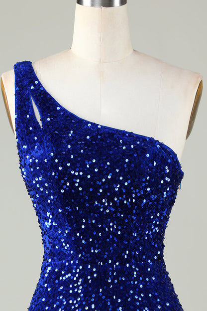 Royal Blue One Shoulder Sequins Tight Beading Short Homecoming Dress