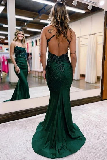 Roycebridal Jimena |Mermaid Spaghetti Straps Dark Green Long Prom Dress with Appliques