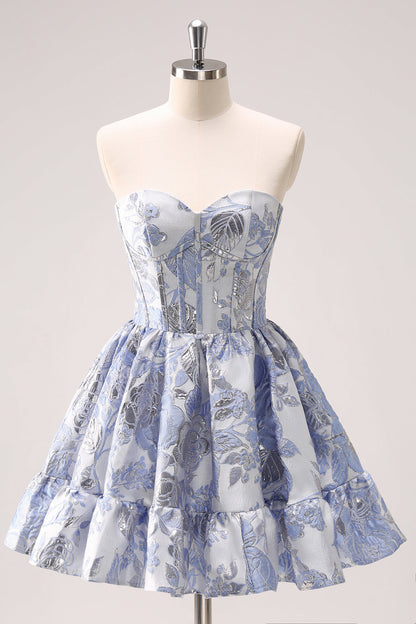 Cute Blue A Line Sweetheart Print Corset Short Homecoming Dress with Ruffles