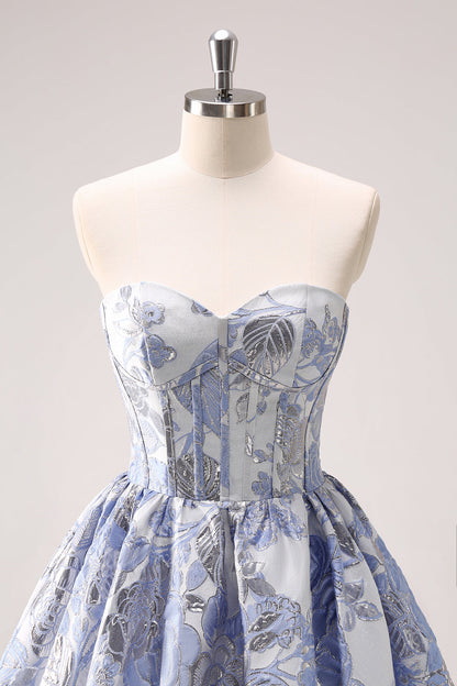 Cute Blue A Line Sweetheart Print Corset Short Homecoming Dress with Ruffles