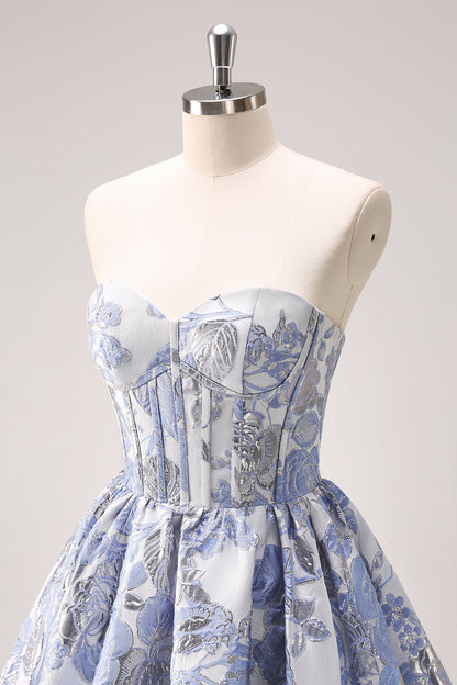 Cute Blue A Line Sweetheart Print Corset Short Homecoming Dress with Ruffles