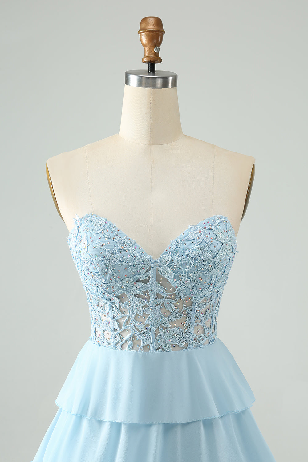 A Line Sweetheart Tiered Light Blue Short Homecoming Dress with Appliques