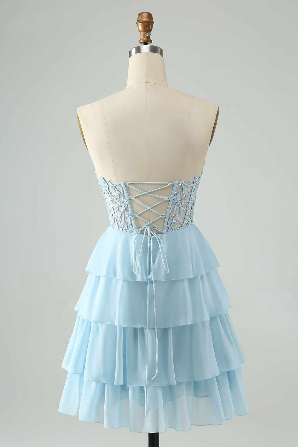 A Line Sweetheart Tiered Light Blue Short Homecoming Dress with Appliques