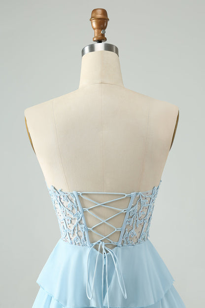 A Line Sweetheart Tiered Light Blue Short Homecoming Dress with Appliques