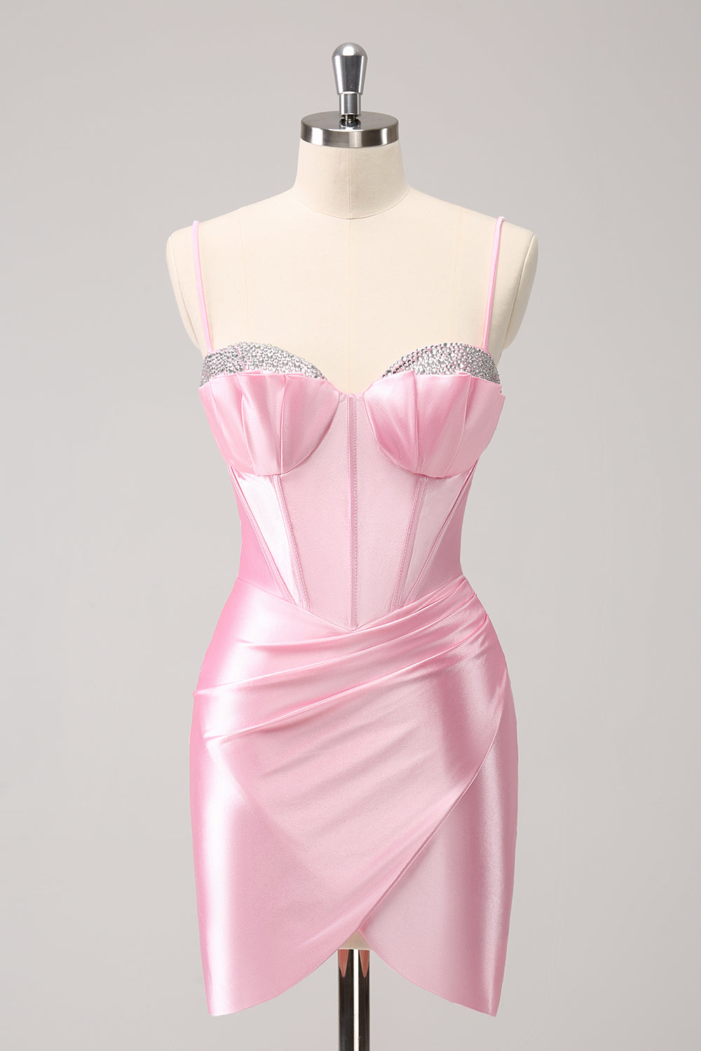 Sparkly Pink Spaghetti Straps Corset Pleated Short Tight Homecoming Dress with Beading