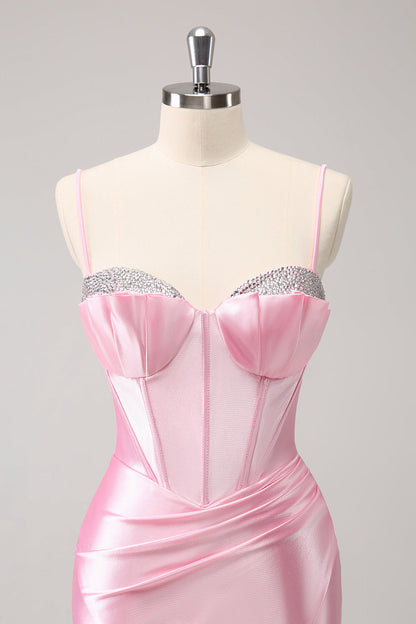 Sparkly Pink Tight Spaghetti Straps Corset Pleated Short Homecoming Dress with Beading