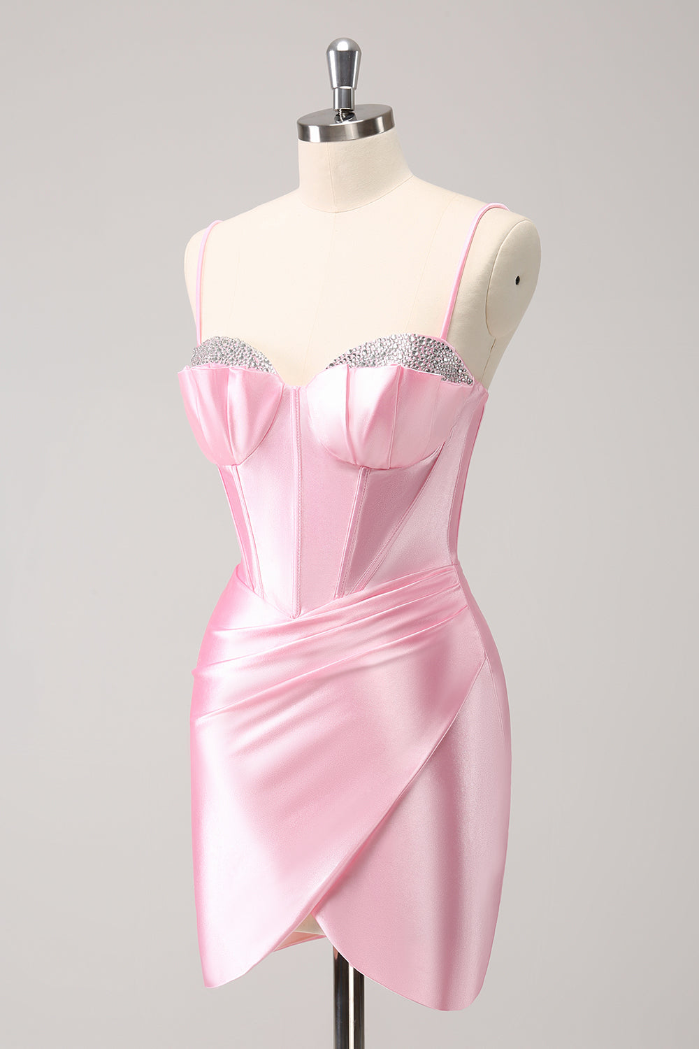 Sparkly Pink Tight Spaghetti Straps Corset Pleated Short Homecoming Dress with Beading