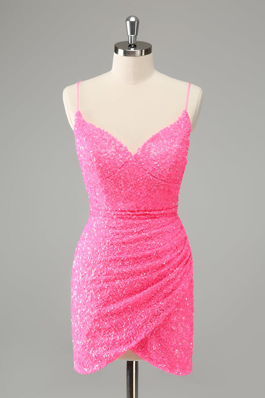 Chic Glitter Hot Pink Bodycon Spaghetti Straps Sequins Short Homecoming Dress