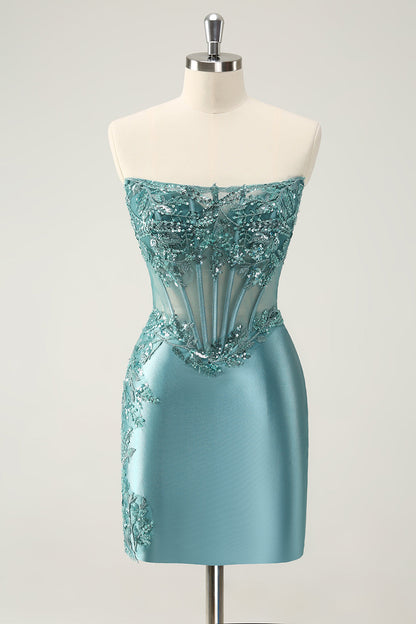 Glitter Tight Strapless Corset Short Peacock Blue Homecoming Dress with Appliques