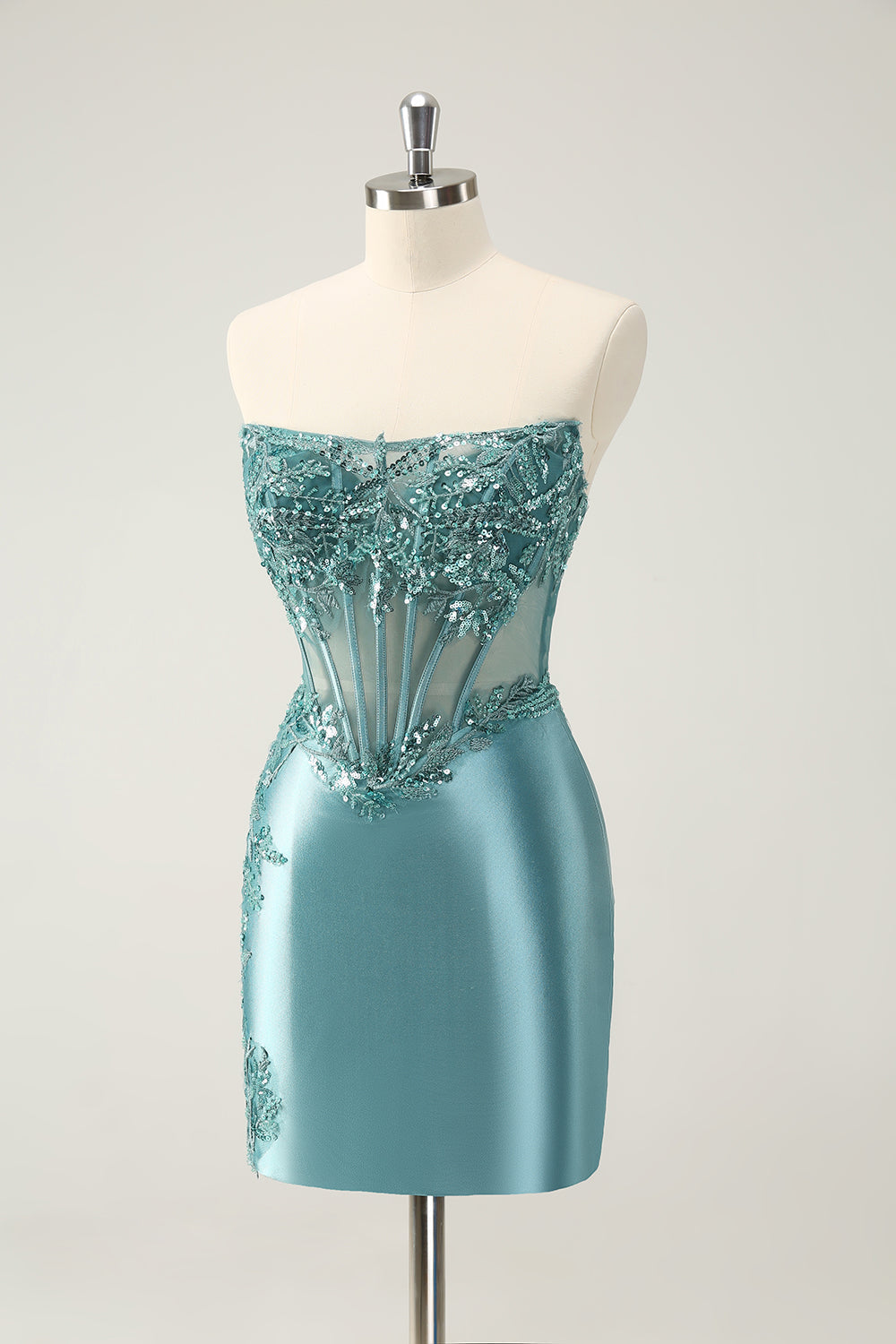 Glitter Tight Strapless Corset Short Peacock Blue Homecoming Dress with Appliques