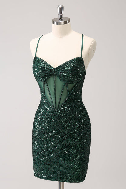 Sparkly Unique Dark Green Tight Sequin Corset Homecoming Dress with Lace Up Back