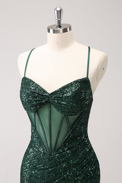 Sparkly Unique Dark Green Tight Sequin Corset Homecoming Dress with Lace Up Back