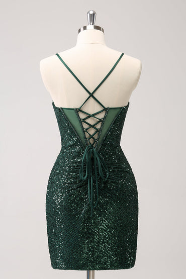 Sparkly Unique Dark Green Tight Sequin Corset Homecoming Dress with Lace Up Back