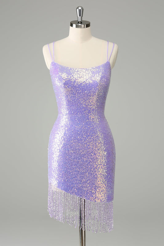 Gorgeous Bodycon Lilac Corset Sequin Short Homecoming Dress with Tassel